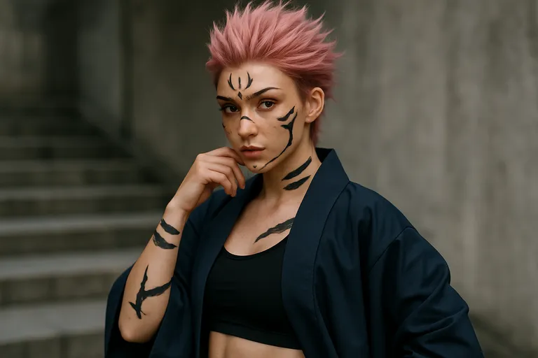 Duistere allure en littekens met stijl: vrouwelijke sukuna cosplay die meteen indruk maakt