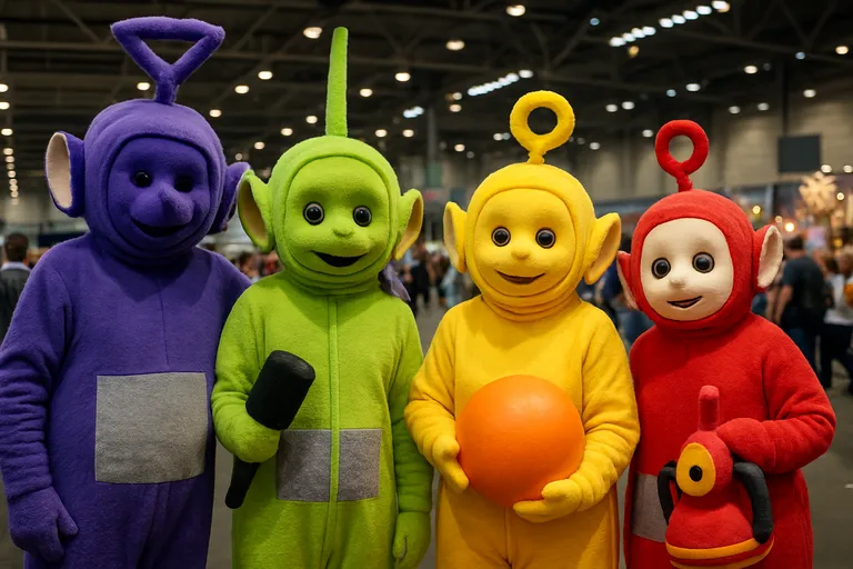 Teletubbies vibes op de conventie: kleurrijke cosplay met knuffelzachte details