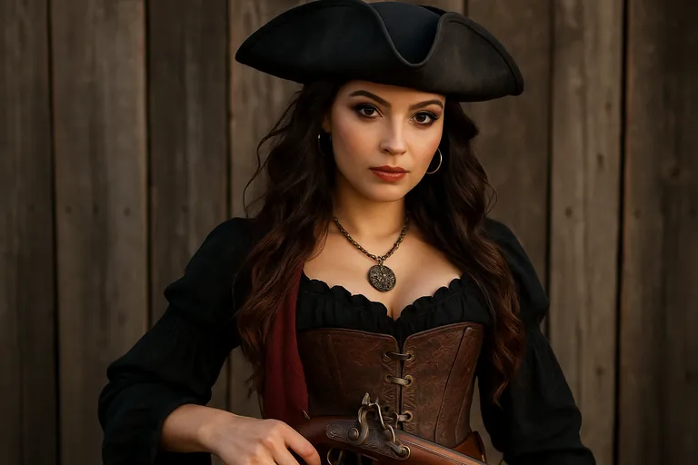 Vrouwelijke piraat cosplay: van korset tot kapiteinshoed met make-up, accessoires en stoffen